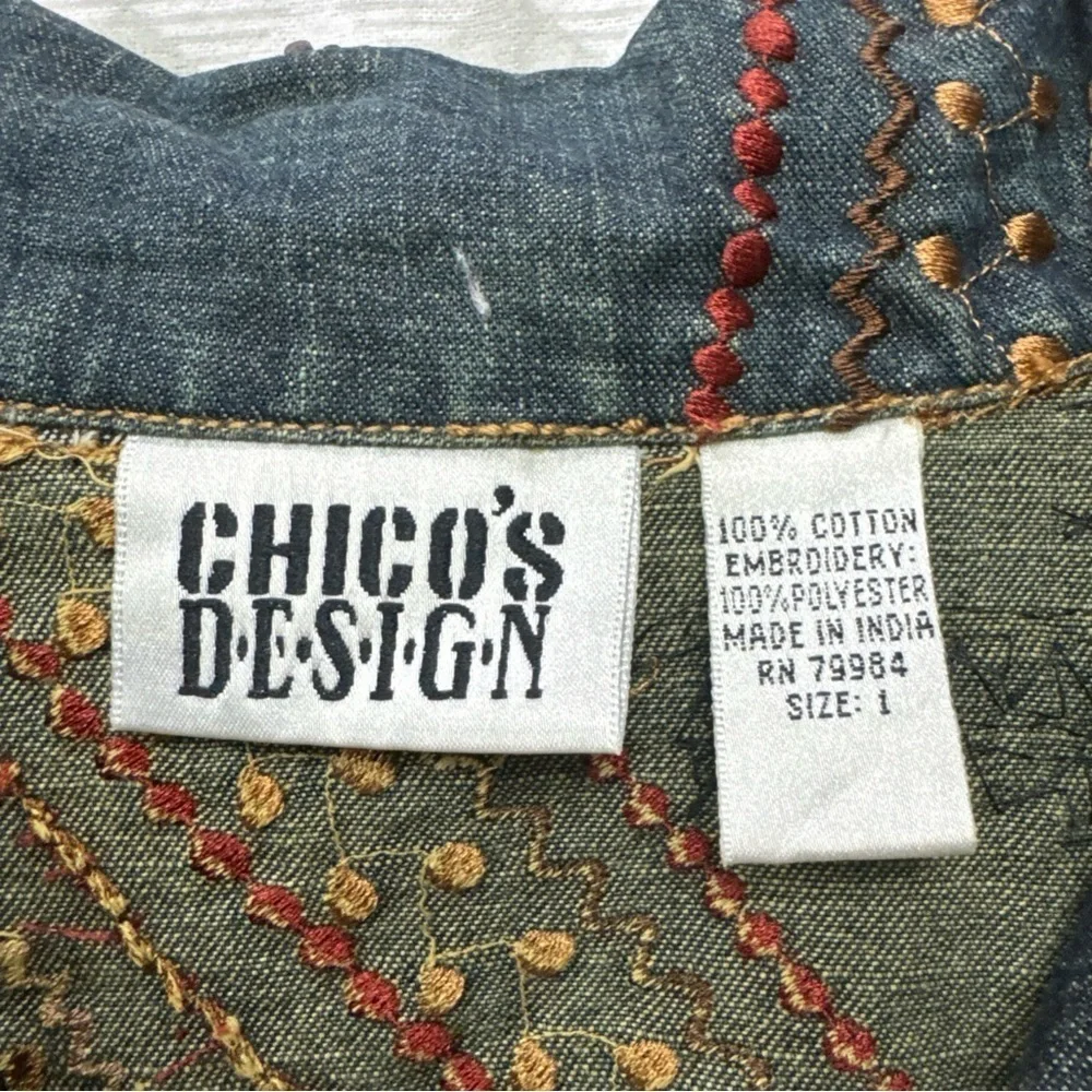 Vintage Chicos Design Blue Denim Jean Jacket Beading Embroidery Sz 1